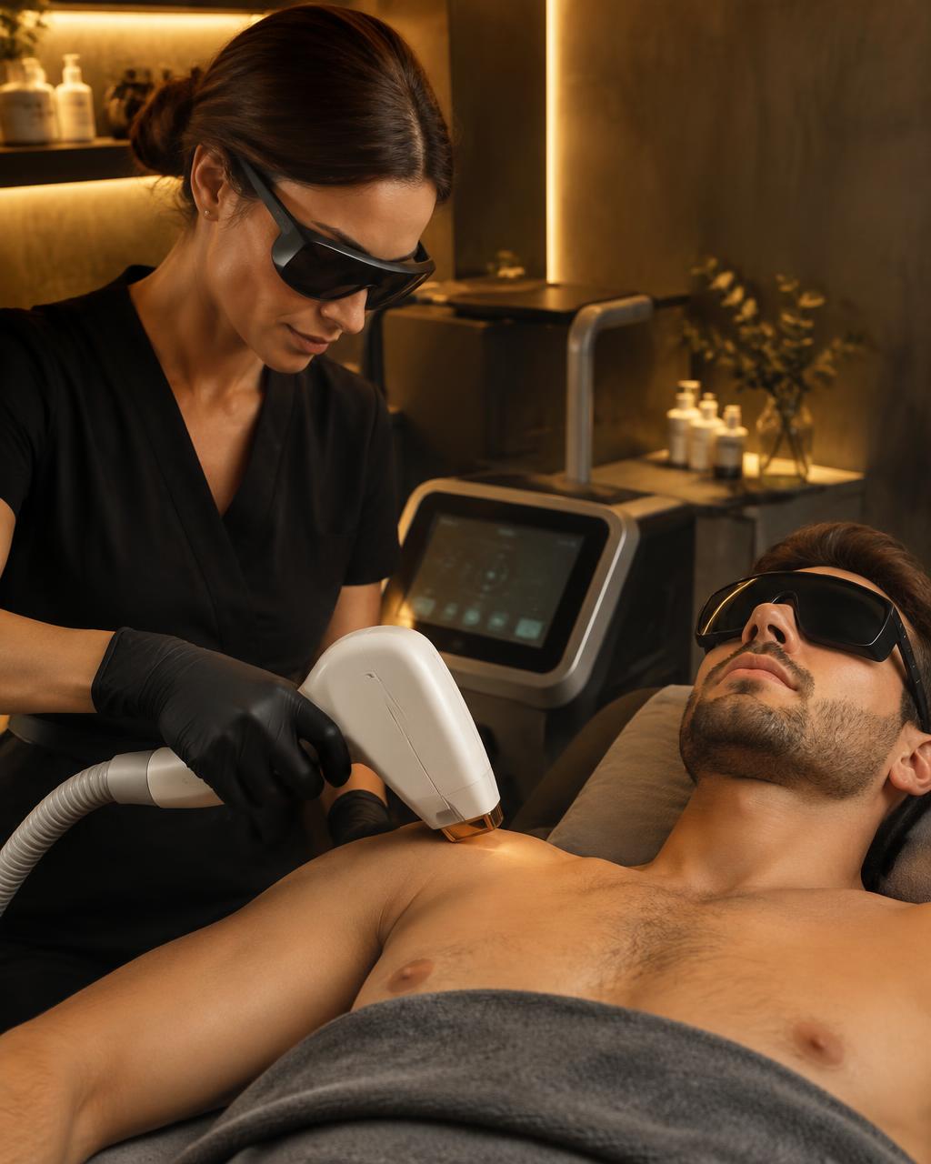 Operatrice esegue l'epilazione laser sulla spalla di un uomo con occhiali protettivi